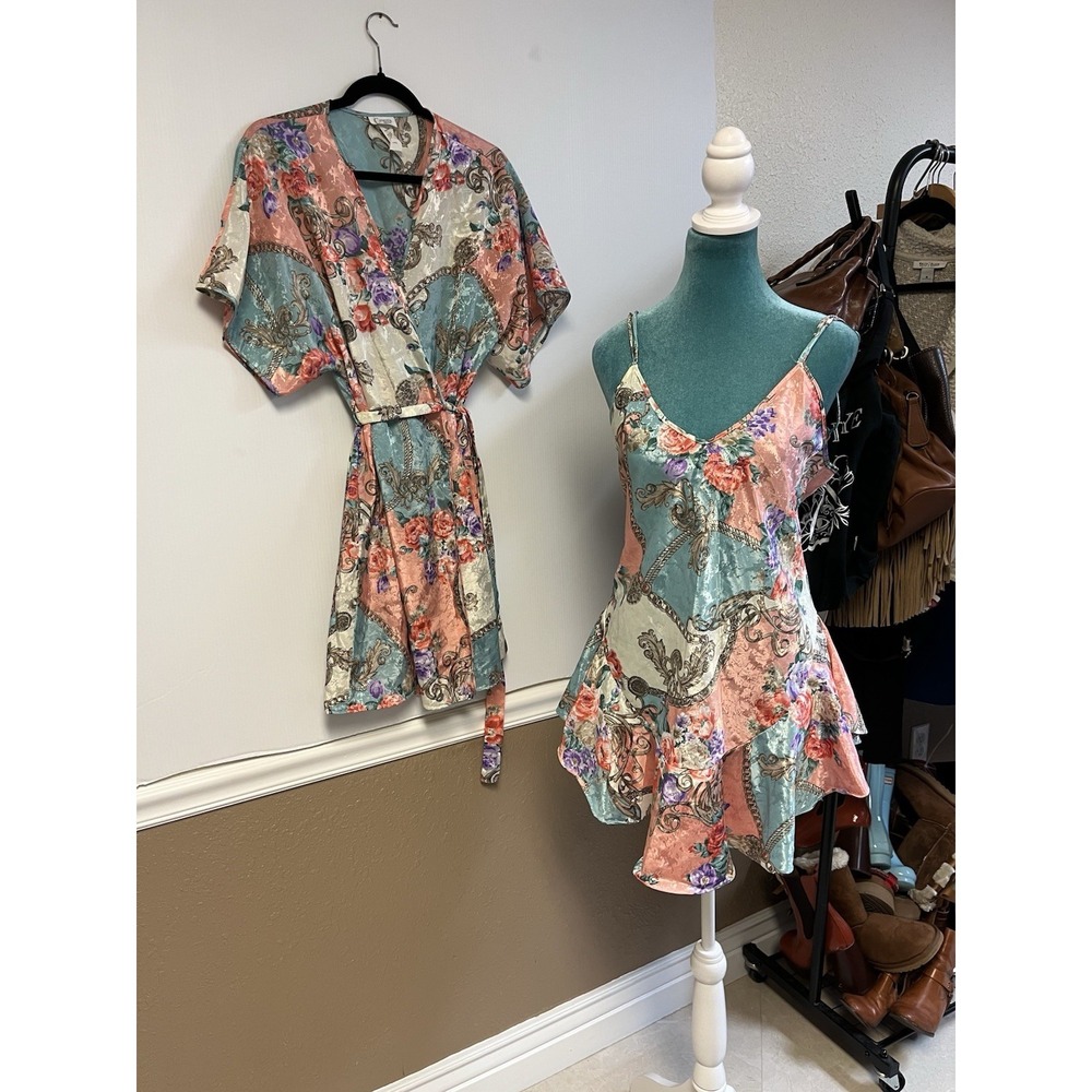 Cinema Etoile Vintage 2 Piece Nightgown Kimono Robe Set Floral Chain Print M/L - Picture 2 of 16